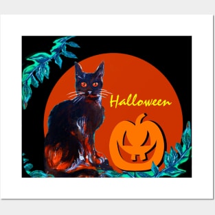 BLACK CAT WITH PUMPKIN IN HALLOWEEN NIGHT Posters and Art